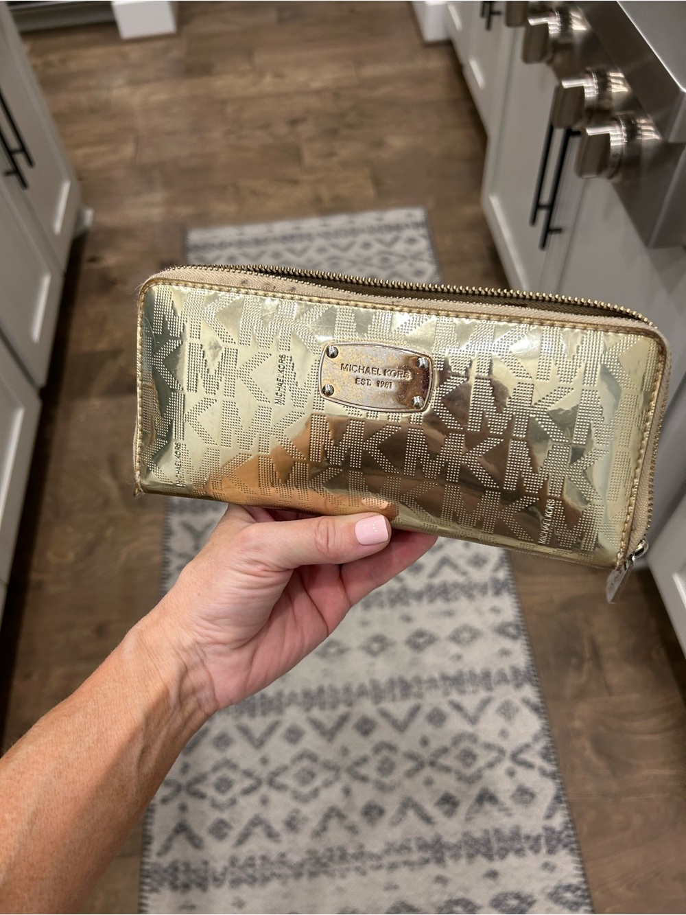 Michael Kors Gold Metallic MK Logo Zip Wallet